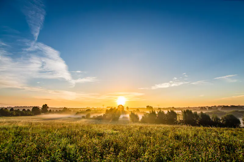 Nascer do sol sobre um campo com neblina