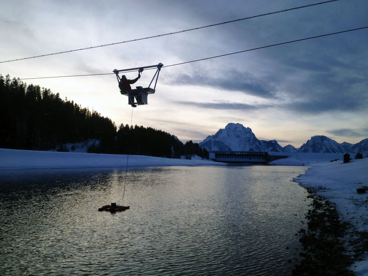 Medición de caudal desde un teleférico sobre un río