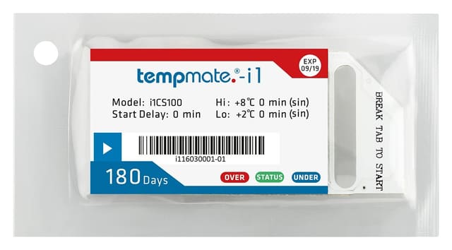 Indicador de temperatura de uso único tempmate.®-i1 conforme a norma EN12830