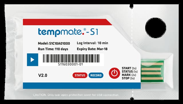 Registrador de temperatura de uso único tempmate.®-S1 V2, conforme a EN12830